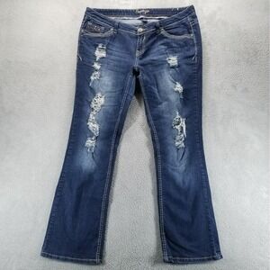 Amethyst Jeans Womens 16 Blue Bootcut Mid Rise Distressed Embroidered Studded